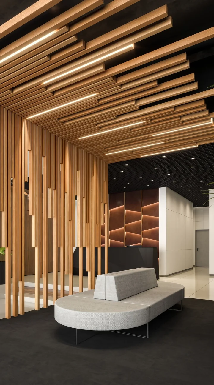 Umbral envolvente de listones de madera y banca de espera