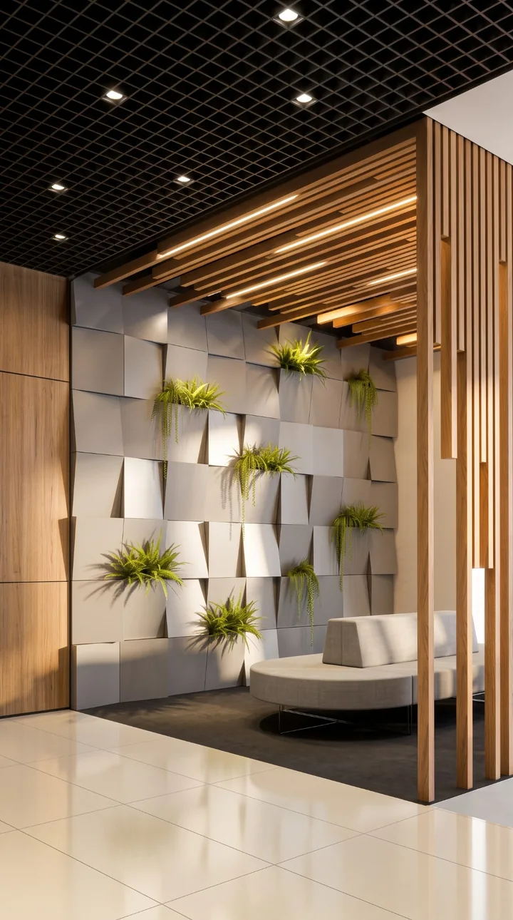 Estancia con muro modular, iluminación y vegetación integrada